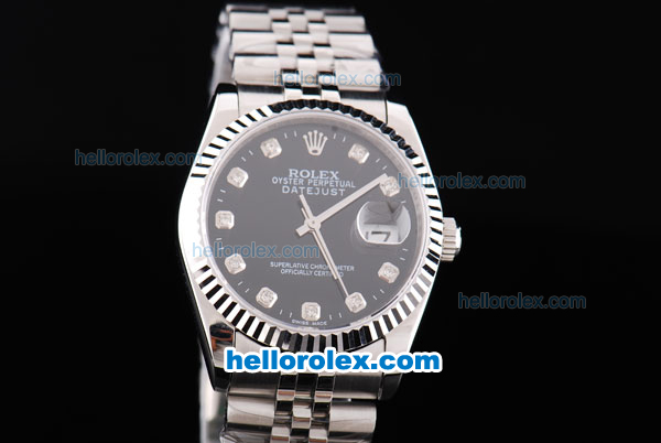 Rolex Datejust Oyster Perpetual Automatic Movement Silver Case with Black Dial and Diamond Markers - Click Image to Close